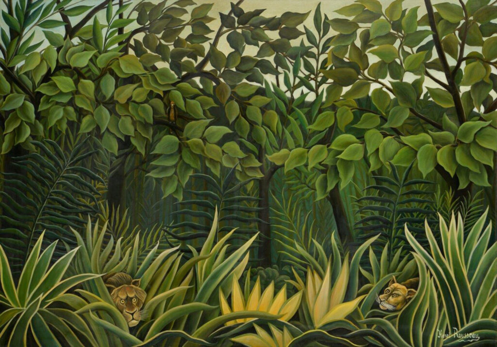 Henri Rousseau dit le Douanier Rousseau Deux Lions à l'affût dans la jungle 1909-1910 Huile sur toile 84,5 x 119,8 cm Collection particulière. Photo : Archives de l’Hôtel des Ventes de Monte-Carlo