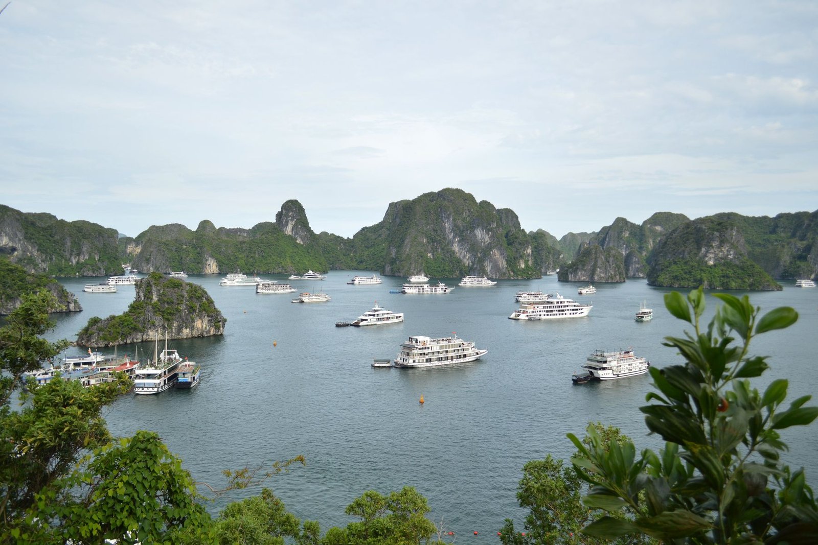 Bateaux de croisière ancrés entre les pitons calcaires de la baie d'Along, au Vietnam, sous un ciel voilé