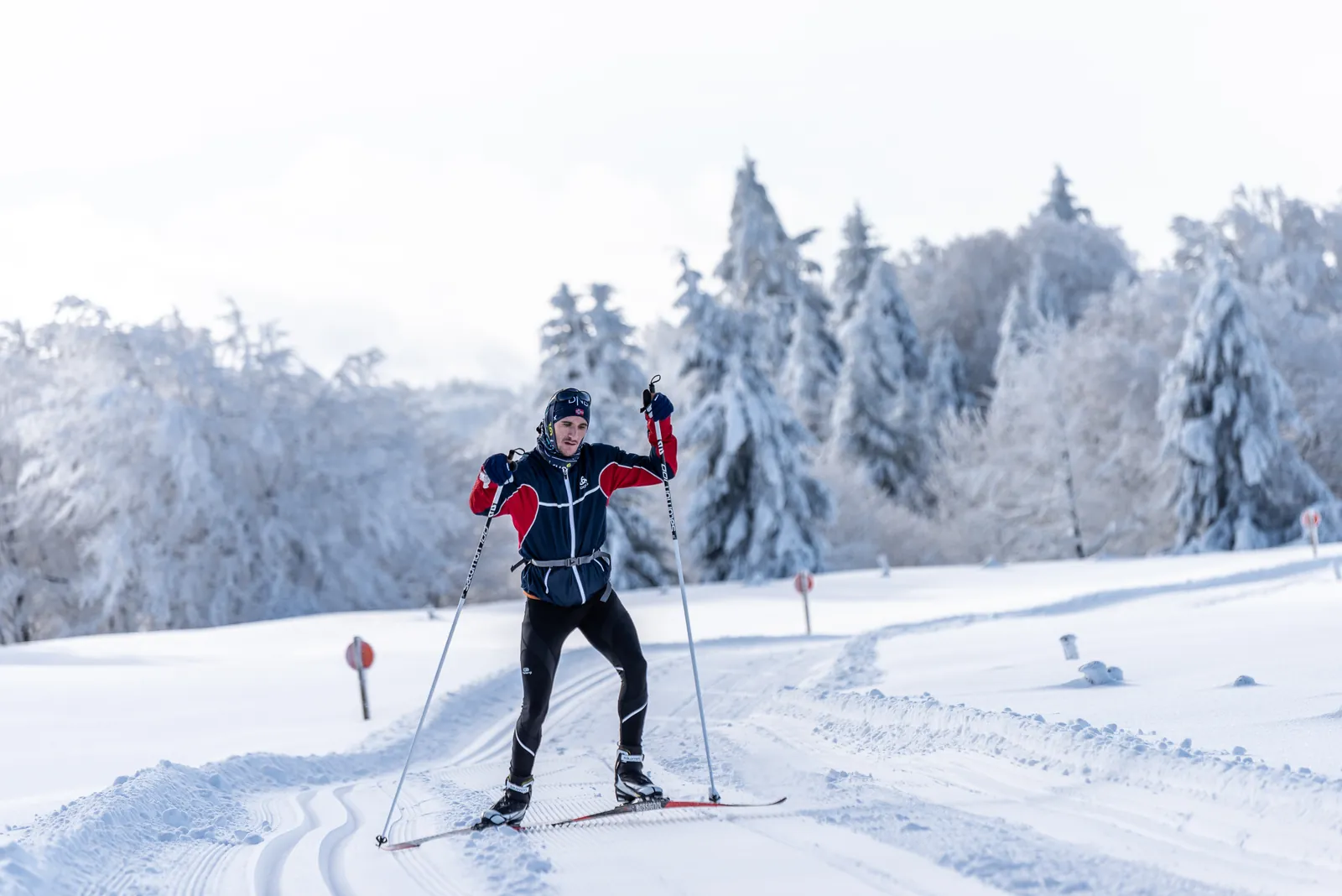 Fondeur sur une piste damée d'un domaine nordique des Vosges
