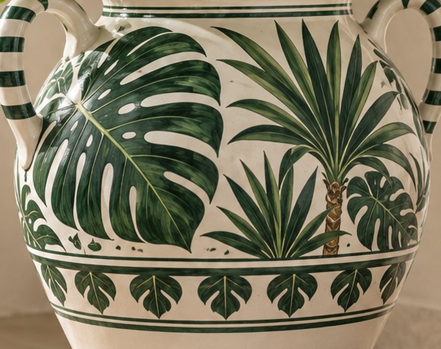 Détail d'une jarre peinte de feuilles de monstera et de palmiers vert profond sur fond crème