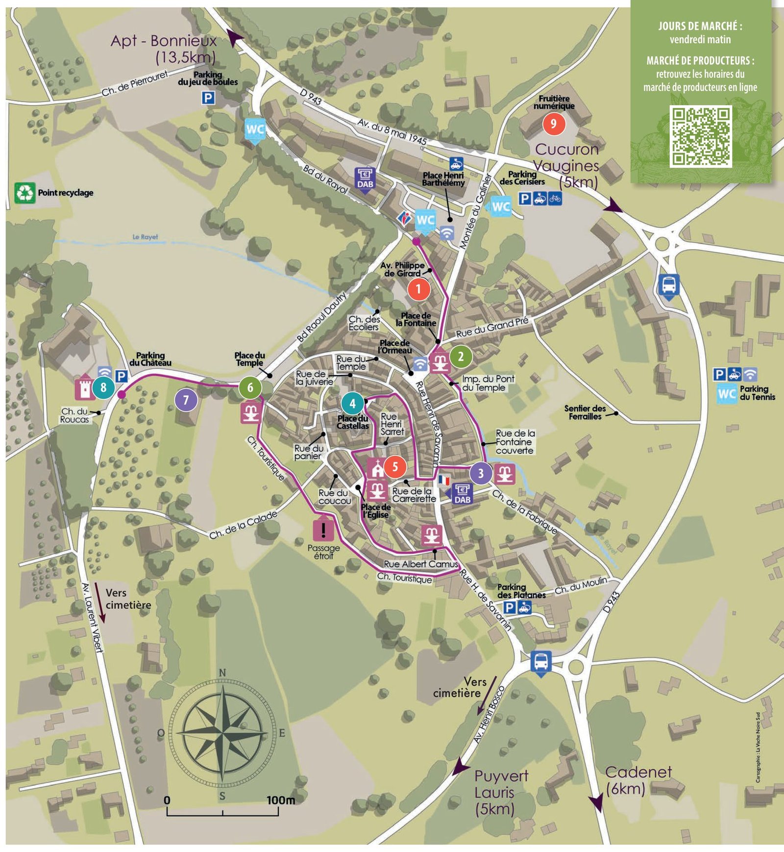 Plan du village de Lourmarin avec les rues du marché, les parkings et les principaux monuments