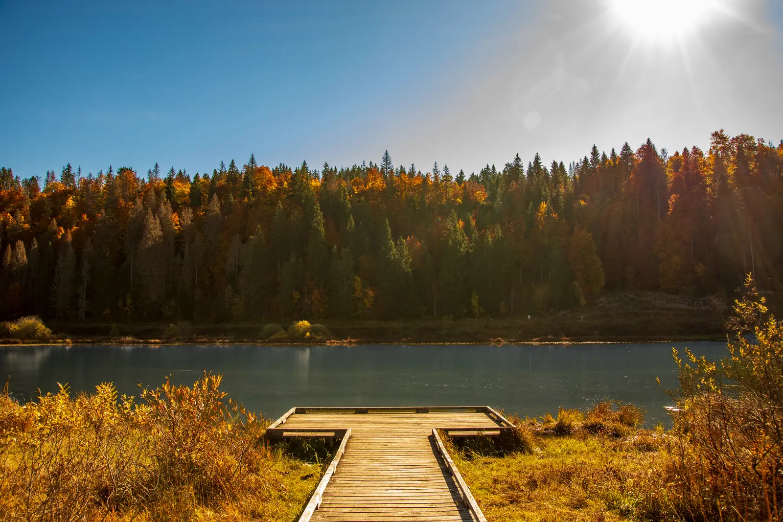 Un ponton en bois face à un lac bordé de forêts aux couleurs d'automne