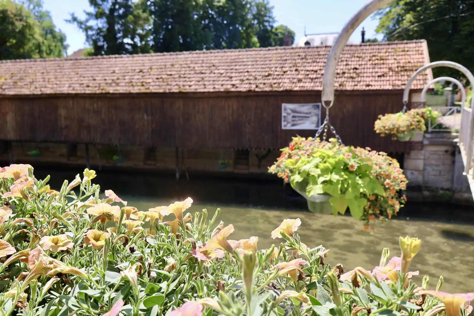 Le lavoir couvert d'Essoyes au bord de l'Ource, vu derrière des jardinières fleuries